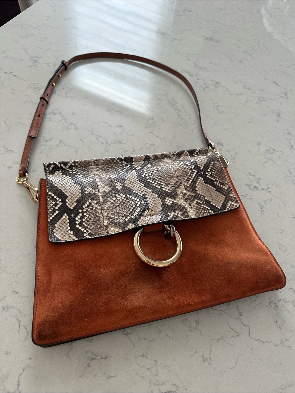 Authentic suede Shoulder Bag with Snake-Print Flap and Ring Accent - Rust Br